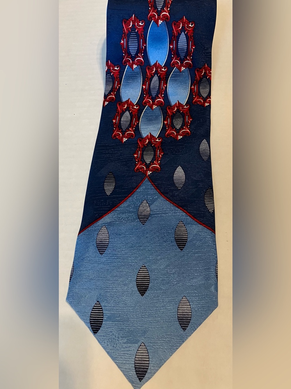 Men's Angelino Italian Blue handmade Patterned Silk Tie with Red Accents